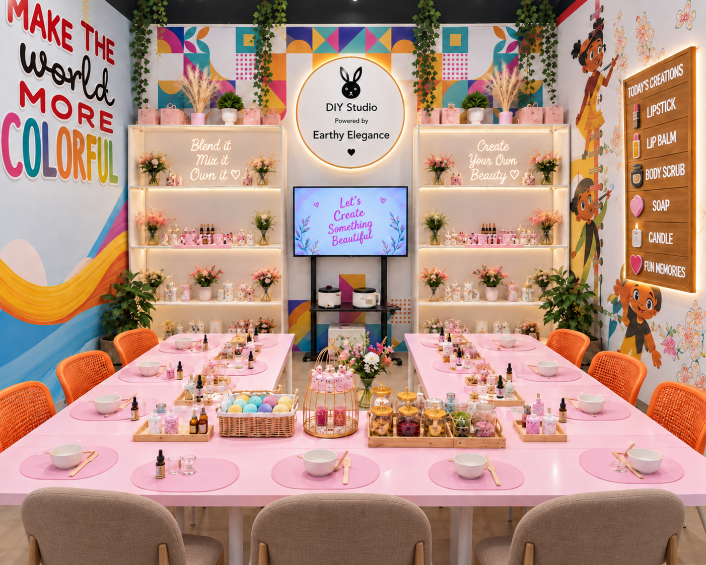 Earthy Elegance DIY Studio at Black Bunny with pink workshop tables, product shelves and an illuminated bunny sign